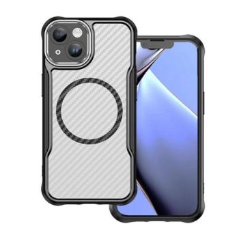 Apple iPhone 14, Szilikon tok, közepesen ütésálló, légpárnás sarok, kameravédő keret, Magsafe töltővel kompatibilis, karbon minta, fekete kép