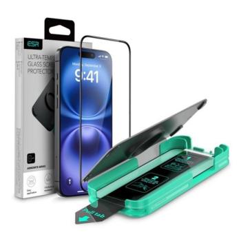 Apple iPhone 15 / 16, Kijelzővédő fólia, ütésálló fólia (az íves részre is!), Tempered Glass (edzett üveg), segéd kerettel, ESR Armorite, fekete kép