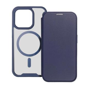 Apple iPhone 15, Oldalra nyíló tok, kártyatartóval, átlátszó hátlap, Magsafe kompatibilis, Smart Mag, sötétkék kép