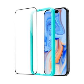 Apple iPhone 15 Plus / 16 Plus, Kijelzővédő fólia, ütésálló fólia (az íves részre is!), Tempered Glass (edzett üveg), segéd kerettel, ESR, fekete kép