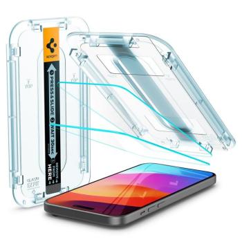 Apple iPhone 15 Plus / 16 Plus, Kijelzővédő fólia, ütésálló fólia (az íves részre is!), Tempered Glass (edzett üveg), Spigen Ez Fit, Clear, 2 db / csomag kép