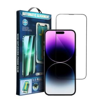 Apple iPhone 15 Plus / iPhone 16 Plus 5D Full Glue hajlított tempered glass kijelzővédő üvegfólia felhelyezőkerettel, fekete kép