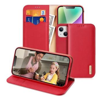Apple iPhone 15 Plus, Oldalra nyíló tok, valódi bőrtok, stand, Dux Ducis Hivo, piros kép