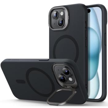 Apple iPhone 15 Plus, Szilikon tok, közepesen ütésálló, légpárnás sarok, kitámasztóval, Magsafe kompatibilis, ESR Cloud Soft Stash Stand HaloLock, fekete kép