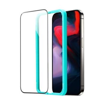 Apple iPhone 15 Pro Max, Kijelzővédő fólia, ütésálló fólia (az íves részre is!), Tempered Glass (edzett üveg), segéd kerettel, ESR, fekete kép