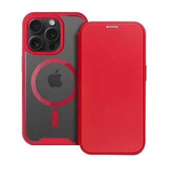 Apple iPhone 15 Pro Max, Oldalra nyíló tok, kártyatartóval, átlátszó hátlap, Magsafe kompatibilis, Smart Mag, piros kép