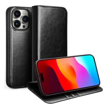 Apple iPhone 15 Pro Max, Oldalra nyíló tok, valódi bőrtok, Qialino, fekete kép