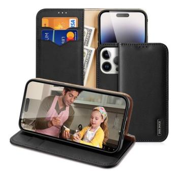 Apple iPhone 15 Pro Max, Oldalra nyíló tok, valódi bőrtok, stand, Dux Ducis Hivo, fekete kép