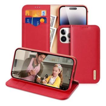 Apple iPhone 15 Pro Max, Oldalra nyíló tok, valódi bőrtok, stand, Dux Ducis Hivo, piros kép