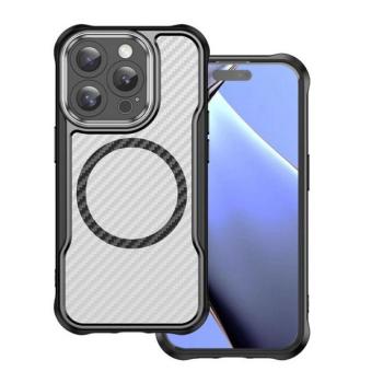 Apple iPhone 15 Pro Max, Szilikon tok, közepesen ütésálló, légpárnás sarok, kameravédő keret, Magsafe töltővel kompatibilis, karbon minta, fekete kép