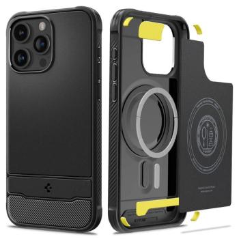 Apple iPhone 15 Pro Max, Szilikon tok + műanyag hátlap, közepesen ütésálló, Magsafe töltővel kompatibilis, karbon minta, Spigen Rugged Armor Mag, fekete kép