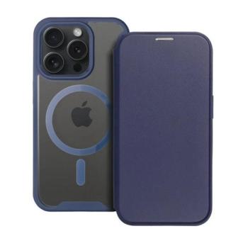 Apple iPhone 15 Pro, Oldalra nyíló tok, kártyatartóval, átlátszó hátlap, Magsafe kompatibilis, Smart Mag, sötétkék kép