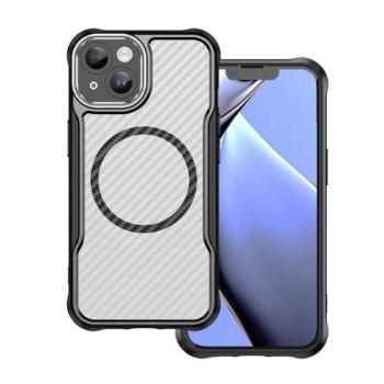 Apple iPhone 15, Szilikon tok, közepesen ütésálló, légpárnás sarok, kameravédő keret, Magsafe töltővel kompatibilis, karbon minta, fekete kép
