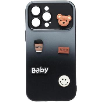 Apple iPhone 15, Szilikon tok, színátmenetes, 3D maci, kávé, smile minta, Teddy Bear Coffee Case, szürke/fekete kép