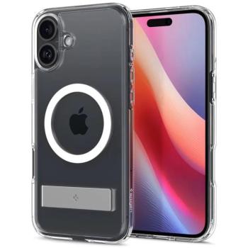 Apple iPhone 16, Műanyag hátlap védőtok + szilikon keret, kitámasztóval, Magsafe töltővel kompatibilis, Spigen Ultra Hybrid &quot;S&quot; Mag, átlátszó/fehér kép