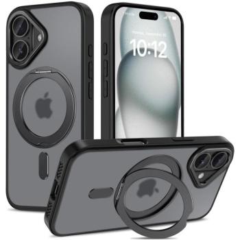 Apple iPhone 16, Műanyag hátlap védőtok + szilikon keret, kitámasztóval, ujjtámasz, Magsafe töltővel kompatibilis, Magring Magsafe, áttetsző/fekete kép