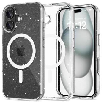 Apple iPhone 16, Műanyag hátlap védőtok + szilikon keret, Magsafe töltővel kompatibilis, csillogó hátlap, FlexAir Hybrid Magsafe Glitter, átlátszó kép