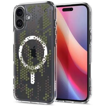 Apple iPhone 16, Műanyag hátlap védőtok + szilikon keret, Magsafe töltővel kompatibilis, hatszög minta, Spigen Ultra Hybrid Mag Digital Camo, átlátszó/fehér/zöld kép