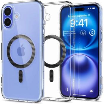 Apple iPhone 16, Műanyag hátlap védőtok + szilikon keret, Magsafe töltővel kompatibilis, karbon minta, Spigen Ultra Hybrid Mag, átlátszó/mintás kép