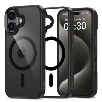Apple iPhone 16, Műanyag hátlap védőtok + szilikon keret, Magsafe töltővel kompatibilis, Magmat Magsafe, átlátszó/fekete kép