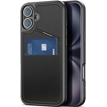 Apple iPhone 16, Műanyag hátlap védőtok + szilikon keret, stand, bőrrel bevont hátlap, kártyatartóval, Magsafe kompatibilis, Dux Ducis Rafi II Mag, fekete kép