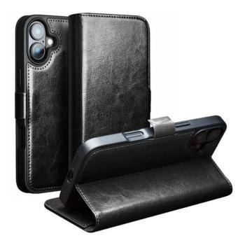 Apple iPhone 16, Oldalra nyíló tok, valódi bőrtok, Qialino, fekete kép