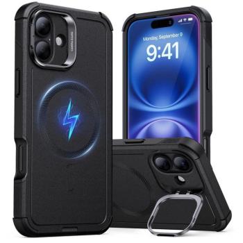 Apple iPhone 16 Plus, Műanyag hátlap védőtok, szilikon belső, közepesen ütésálló, légpárnás sarok, kitámasztóval, Magsafe kompatibilis, ESR Cyber Tough Stash Stand HaloLock, fekete kép