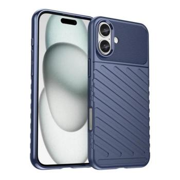 Apple iPhone 16 Plus, Szilikon tok, közepesen ütésálló, domború csíkos minta, sötétkék kép