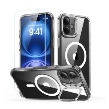 Apple iPhone 16 Plus, Szilikon tok, közepesen ütésálló, légpárnás sarok, kitámasztóval, üvegfóliával, Magsafe kompatibilis, ESR Classic Hybrid Stash Stand HaloLock, átlátszó kép
