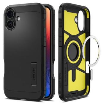 Apple iPhone 16 Plus, Szilikon tok + műanyag hátlap, Magsafe töltővel kompatibilis, kitámasztóval, Spigen Tough Armor Mag, fekete kép
