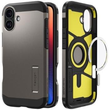 Apple iPhone 16 Plus, Szilikon tok + műanyag hátlap, Magsafe töltővel kompatibilis, kitámasztóval, Spigen Tough Armor Mag, sötétszürke kép
