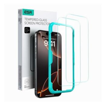 Apple iPhone 16 Pro Max / 17 Pro Max, Kijelzővédő fólia, ütésálló fólia (az íves részre NEM hajlik rá!), Tempered Glass (edzett üveg), segéd kerettel, ESR, Clear, 2 db / csomag kép