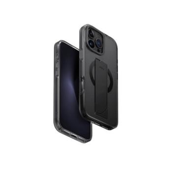 Apple iPhone 16 Pro Max, Műanyag hátlap + szilikon keret, közepesen ütésálló, kézpánttal, kitámasztóval, Magsafe töltővel kompatibilis, Uniq Heldro Max FlexGrip, átlátszó/fekete kép