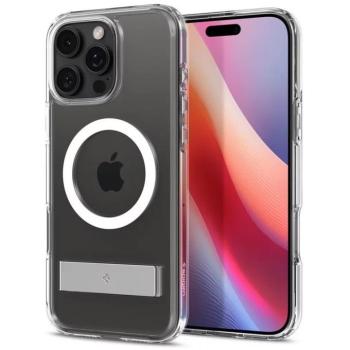 Apple iPhone 16 Pro Max, Műanyag hátlap védőtok + szilikon keret, kitámasztóval, Magsafe töltővel kompatibilis, Spigen Ultra Hybrid &quot;S&quot; Mag, átlátszó/fehér kép