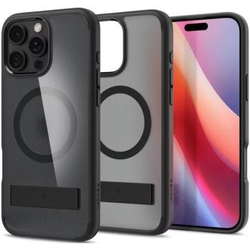 Apple iPhone 16 Pro Max, Műanyag hátlap védőtok + szilikon keret, kitámasztóval, Magsafe töltővel kompatibilis, Spigen Ultra Hybrid &quot;S&quot; Mag, áttetsző/fekete kép