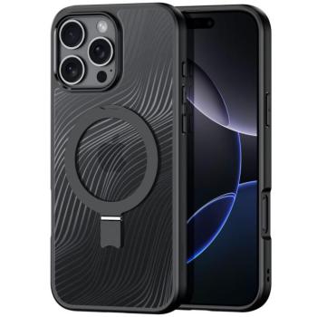 Apple iPhone 16 Pro Max, Műanyag hátlap védőtok + szilikon keret, kitámasztóval, ujjtámasz, Magsafe töltővel kompatibilis, hullám minta, Dux Ducis Aimo Mag Folding, áttetsző/fekete kép