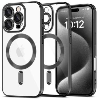 Apple iPhone 16 Pro Max, Műanyag hátlap védőtok + szilikon keret, közepesen ütésálló, Magsafe töltővel kompatibilis, fényes keret, Magflex Magsafe, átlátszó/fekete kép