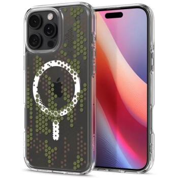 Apple iPhone 16 Pro Max, Műanyag hátlap védőtok + szilikon keret, Magsafe töltővel kompatibilis, hatszög minta, Spigen Ultra Hybrid Mag Digital Camo, átlátszó/fehér/zöld kép