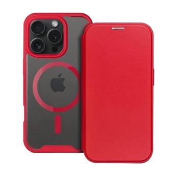 Apple iPhone 16 Pro Max, Oldalra nyíló tok, kártyatartóval, átlátszó hátlap, Magsafe kompatibilis, Smart Mag, piros kép