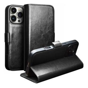 Apple iPhone 16 Pro Max, Oldalra nyíló tok, valódi bőrtok, Qialino, fekete kép