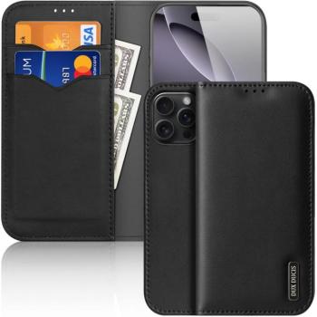 Apple iPhone 16 Pro Max, Oldalra nyíló tok, valódi bőrtok, stand, Dux Ducis Hivo, fekete kép