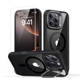 Apple iPhone 16 Pro Max, Szilikon tok, közepesen ütésálló, légpárnás sarok, kitámasztóval, üvegfóliával, Magsafe kompatibilis, ESR Classic Hybrid Stash Stand HaloLock, átlátszó/fekete kép