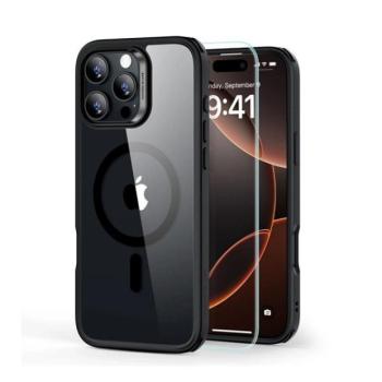 Apple iPhone 16 Pro Max, Szilikon tok, közepesen ütésálló, légpárnás sarok, üvegfóliával, Magsafe kompatibilis, ESR Classic Hybrid HaloLock, átlátszó/fekete kép