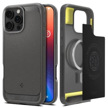 Apple iPhone 16 Pro Max, Szilikon tok + műanyag hátlap, közepesen ütésálló, Magsafe töltővel kompatibilis, karbon minta, Spigen Rugged Armor Mag, szürke kép