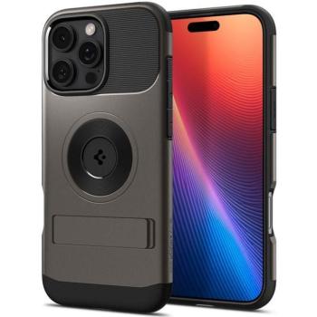 Apple iPhone 16 Pro Max, Szilikon tok, műanyag hátlappal, kitámasztóval, Magsafe töltővel kompatibilis, Spigen Slim Armor Mag, sötétszürke kép