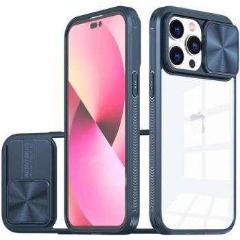 Apple iPhone 16 Pro, Műanyag hátlap + szilikon keret, átlátszó akril hátlap, kamera védelem, Wooze Trendy, sötétkék kép