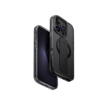 Apple iPhone 16 Pro, Műanyag hátlap + szilikon keret, közepesen ütésálló, kézpánttal, kitámasztóval, Magsafe töltővel kompatibilis, Uniq Heldro Max FlexGrip, átlátszó/fekete kép