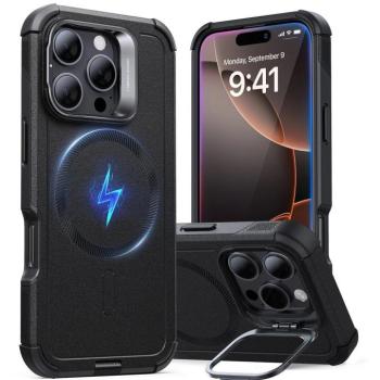 Apple iPhone 16 Pro, Műanyag hátlap védőtok, szilikon belső, közepesen ütésálló, légpárnás sarok, kitámasztóval, Magsafe kompatibilis, ESR Cyber Tough Stash Stand HaloLock, fekete kép