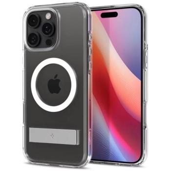 Apple iPhone 16 Pro, Műanyag hátlap védőtok + szilikon keret, kitámasztóval, Magsafe töltővel kompatibilis, Spigen Ultra Hybrid &quot;S&quot; Mag, átlátszó/fehér kép