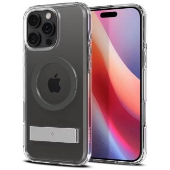 Apple iPhone 16 Pro, Műanyag hátlap védőtok + szilikon keret, kitámasztóval, Magsafe töltővel kompatibilis, Spigen Ultra Hybrid &quot;S&quot; Mag, átlátszó/szürke kép